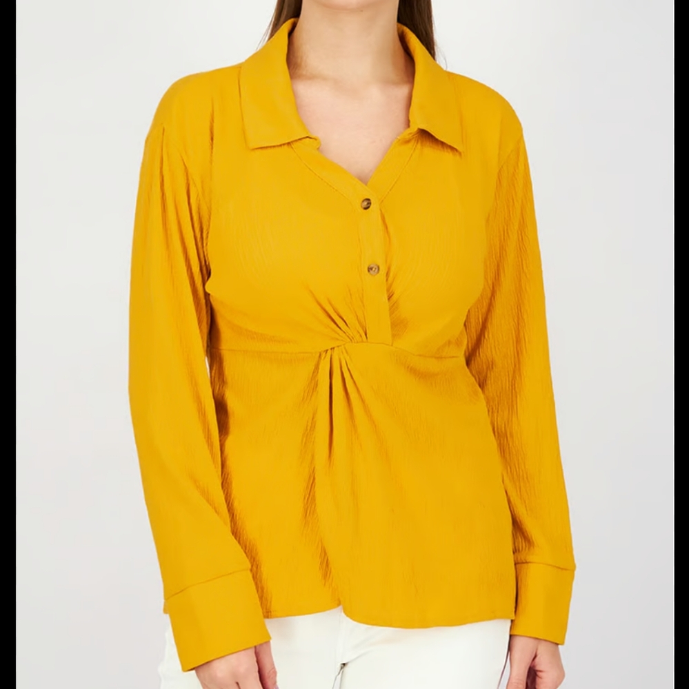 Alfani mustard yellow long sleeve half button top.  Collar with draped detail in